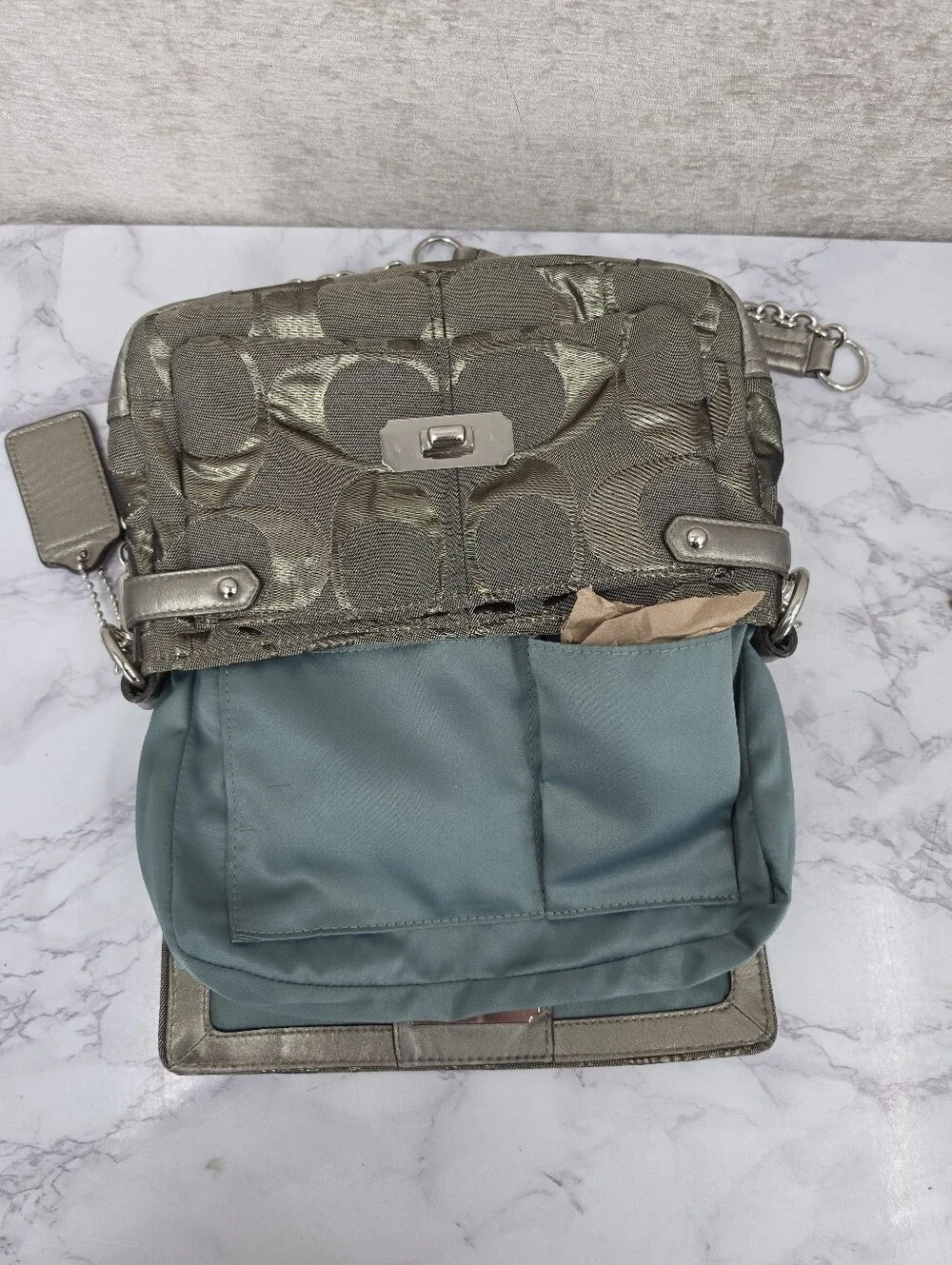 Coach Signature Canvas Jacquard Shoulder Bag in Metallic Pewter Chain Straps